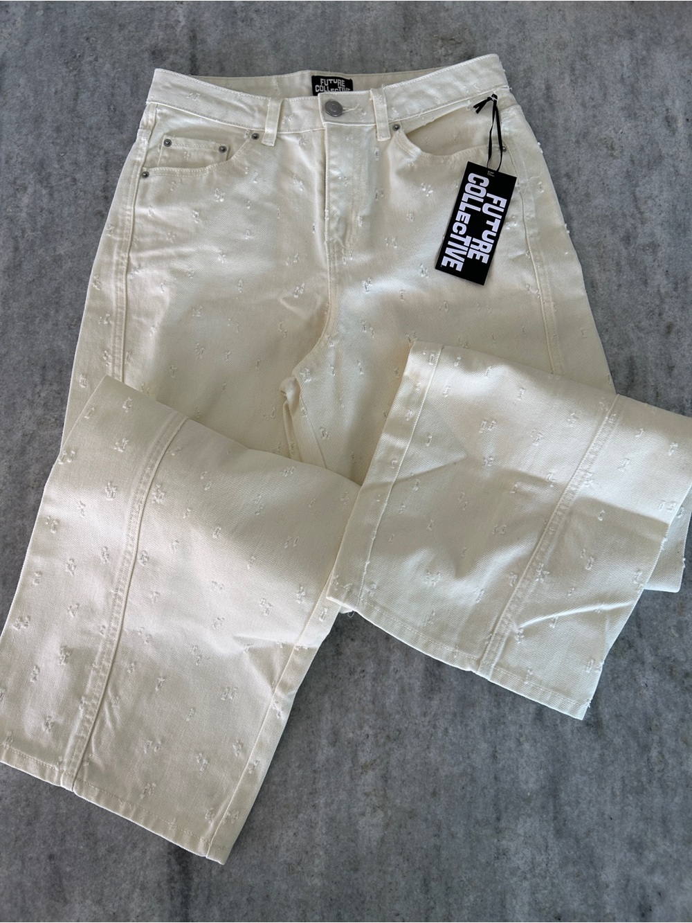 Future Collective Cream Distressed Wide Leg Jeans Size 4